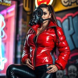 A hot slim girl with big boobs showcasing a confident and stylish demeanor, dressed in a shiny red tight puffer jacket that hugs her figure perfectly