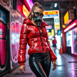 A hot slim girl with big boobs confidently standing in a shiny red tight puffer jacket that accentuates her figure, paired with stylish black latex leggings that highlight her curves