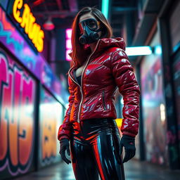 A hot slim girl with big boobs confidently standing in a shiny red tight puffer jacket that accentuates her figure, paired with stylish black latex leggings that highlight her curves
