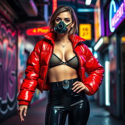 A hot slim girl with big boobs confidently standing in a shiny red tight puffer jacket that accentuates her figure, paired with stylish black latex leggings that highlight her curves