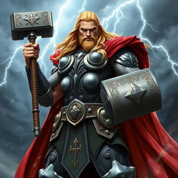 A powerful and heroic depiction of Thor, the Norse god of thunder, standing tall and majestic while holding his mighty hammer, Mjolnir