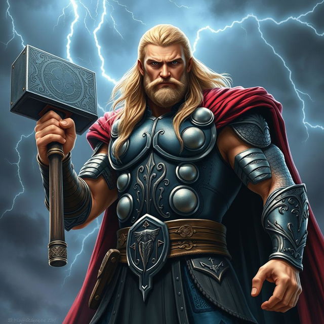 A powerful and heroic depiction of Thor, the Norse god of thunder, standing tall and majestic while holding his mighty hammer, Mjolnir