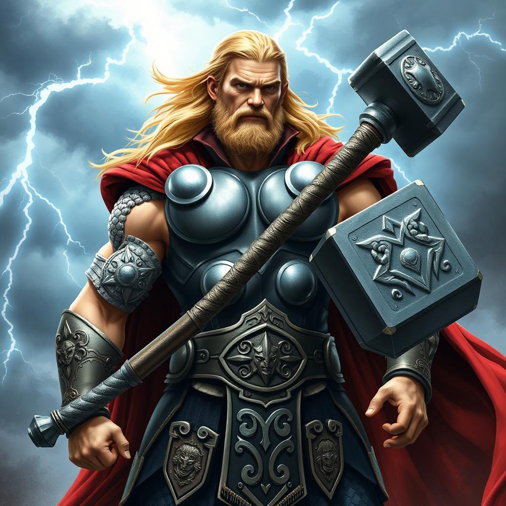 A powerful and heroic depiction of Thor, the Norse god of thunder, standing tall and majestic while holding his mighty hammer, Mjolnir