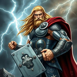 A powerful and heroic depiction of Thor, the Norse god of thunder, standing tall and majestic while holding his mighty hammer, Mjolnir