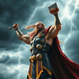 A majestic image of Thor, the Norse god of thunder, standing tall with his iconic hammer Mjolnir raised high