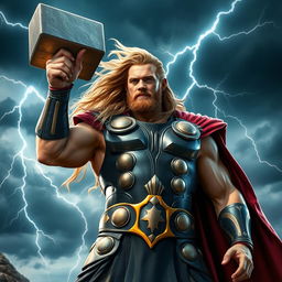 A majestic image of Thor, the Norse god of thunder, standing tall with his iconic hammer Mjolnir raised high