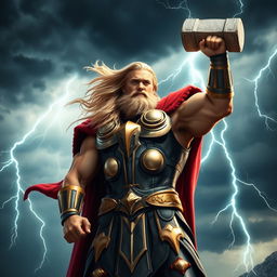 A majestic image of Thor, the Norse god of thunder, standing tall with his iconic hammer Mjolnir raised high