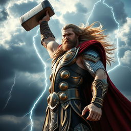 A majestic image of Thor, the Norse god of thunder, standing tall with his iconic hammer Mjolnir raised high