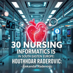 A modern healthcare environment infused with elements of digital technology, showcasing a vibrant nursing heart at the center symbolizing compassion and innovation