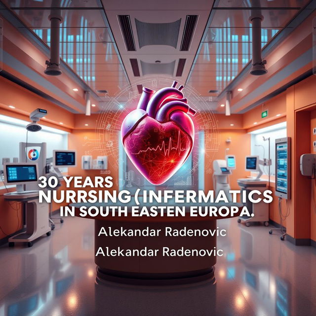 A modern healthcare environment infused with elements of digital technology, showcasing a vibrant nursing heart at the center symbolizing compassion and innovation