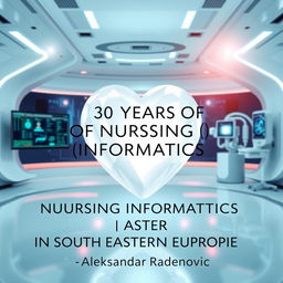 A modern environment depicting a futuristic healthcare setting, featuring a stunning white crystal heart at the center, symbolizing care and innovation in nursing