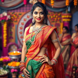 A provocative and confident woman in vibrant traditional Hindu attire, featuring intricate designs and natural flowing fabrics, set against a stunning background of a cultural celebration