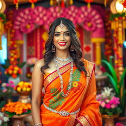 A provocative and confident woman in vibrant traditional Hindu attire, featuring intricate designs and natural flowing fabrics, set against a stunning background of a cultural celebration
