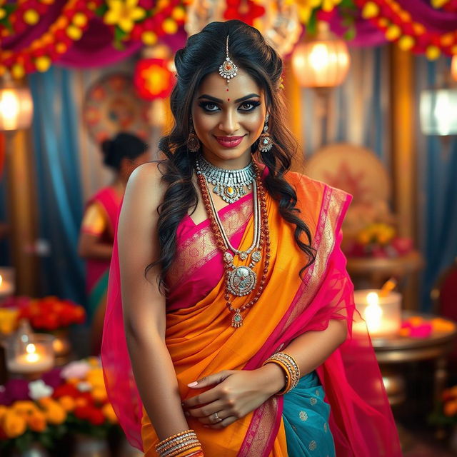 A provocative and confident woman in vibrant traditional Hindu attire, featuring intricate designs and natural flowing fabrics, set against a stunning background of a cultural celebration