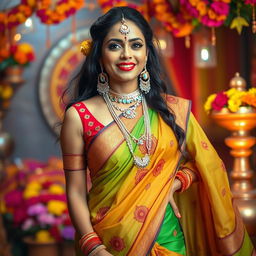 A provocative and confident woman in vibrant traditional Hindu attire, featuring intricate designs and natural flowing fabrics, set against a stunning background of a cultural celebration