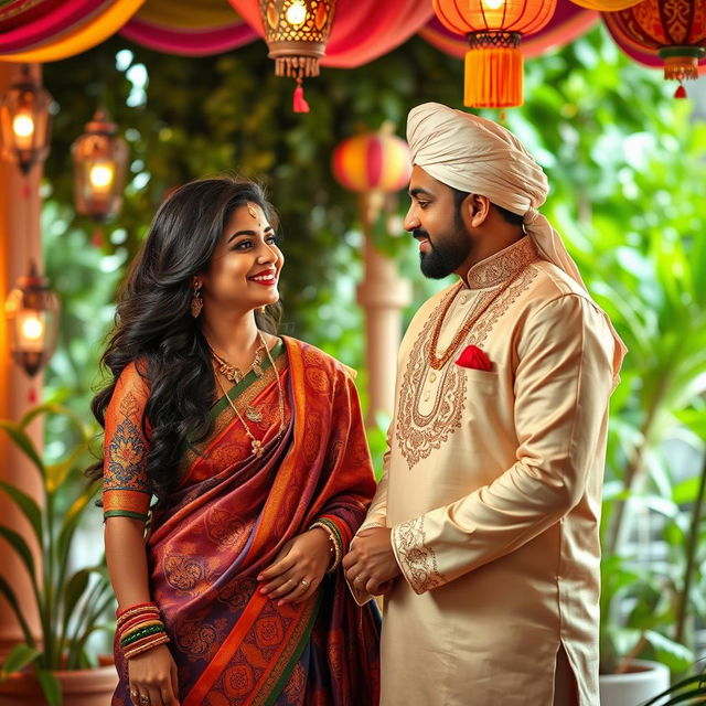 A provocative scene capturing the essence of cultural fusion, featuring a confident Hindu woman in a vibrant saree embellished with intricate patterns, and a stylish Muslim man dressed in an elegant kurta