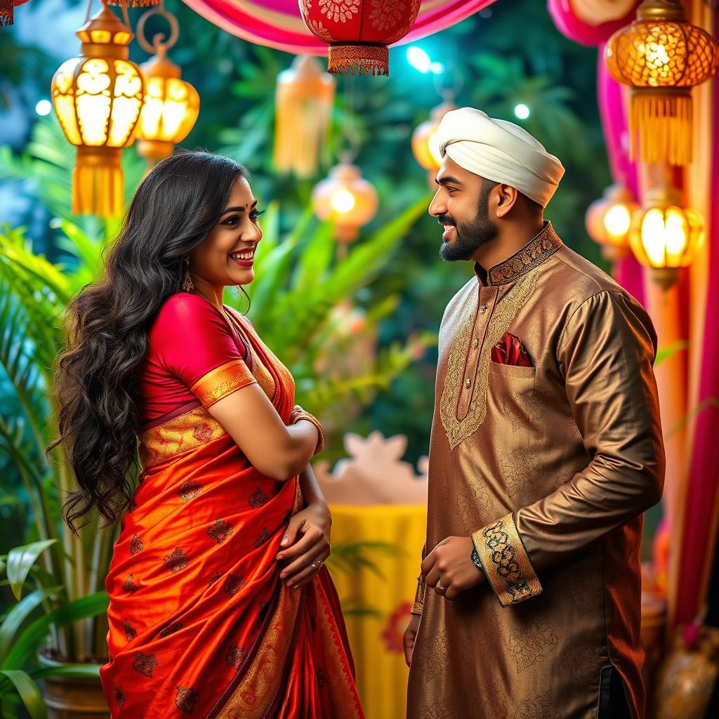 A provocative scene capturing the essence of cultural fusion, featuring a confident Hindu woman in a vibrant saree embellished with intricate patterns, and a stylish Muslim man dressed in an elegant kurta