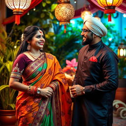 A provocative scene capturing the essence of cultural fusion, featuring a confident Hindu woman in a vibrant saree embellished with intricate patterns, and a stylish Muslim man dressed in an elegant kurta