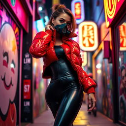 A hot slim girl with big boobs confidently striking a pose in a shiny red tight puffer jacket that accentuates her curves