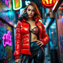 A hot slim girl with big boobs confidently striking a pose in a shiny red tight puffer jacket that accentuates her curves