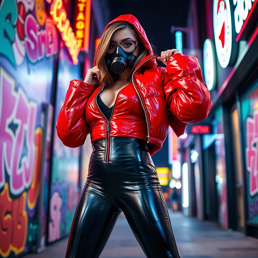 A hot slim girl with big boobs confidently striking a pose in a shiny red tight puffer jacket that accentuates her curves