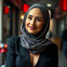 A stylish and confident older woman wearing an elegant hijab that beautifully frames her face, exuding grace and allure