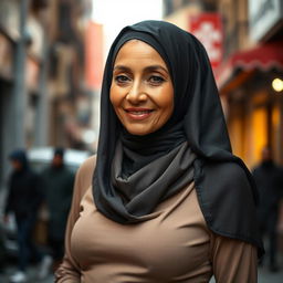 A stylish and confident older woman wearing an elegant hijab that beautifully frames her face, exuding grace and allure
