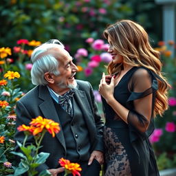 An enchanting elderly man with a distinguished appearance, sharing a charming moment with a stunningly attractive woman