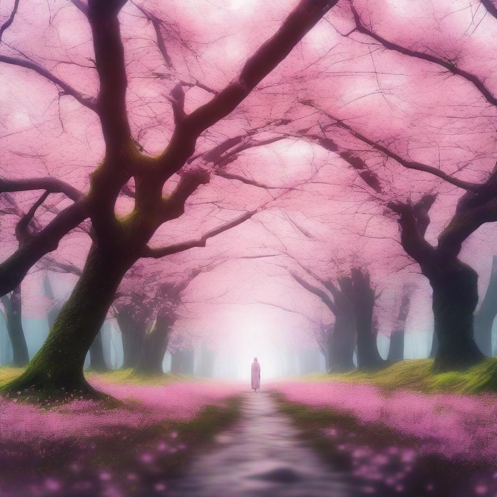 A high-resolution digital art in 4k quality, capturing the eternal essence of spring in a cherry blossom forest