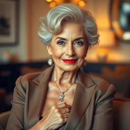 An elegant older woman with striking features, showcasing her beauty and confidence
