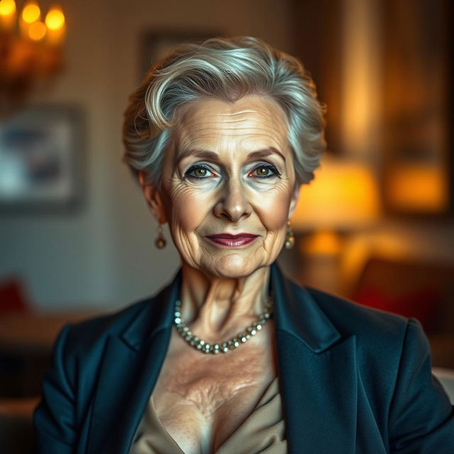 An elegant older woman with striking features, showcasing her beauty and confidence