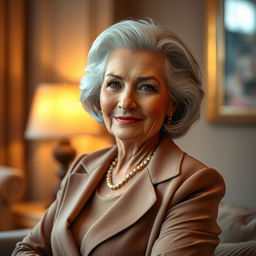 An elegant older woman with striking features, showcasing her beauty and confidence