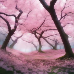 A high-resolution digital art in 4k quality, capturing the eternal essence of spring in a cherry blossom forest