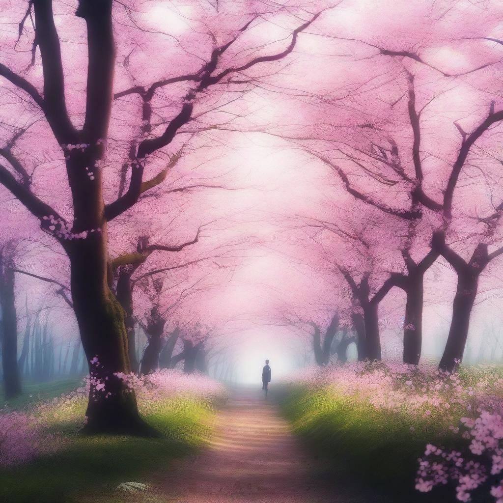 A high-resolution digital art in 4k quality, capturing the eternal essence of spring in a cherry blossom forest