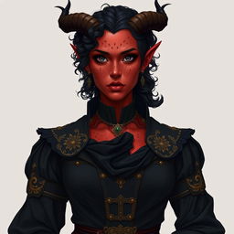 A tall, strong tiefling woman with a sturdy build, exuding both grace and power