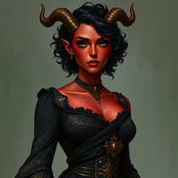 A tall, strong tiefling woman with a sturdy build, exuding both grace and power