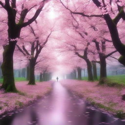 A high-resolution digital art in 4k quality, capturing the eternal essence of spring in a cherry blossom forest