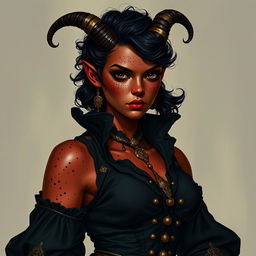 A tall, strong tiefling woman with a sturdy build, exuding both grace and power