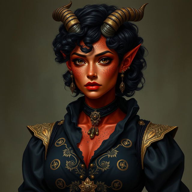 A tall, strong tiefling woman with a sturdy build, exuding both grace and power