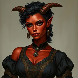 A tall, strong tiefling woman, exuding both grace and power with a sturdy build