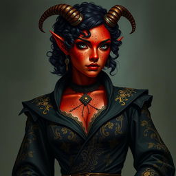 A tall, strong tiefling woman, exuding both grace and power with a sturdy build