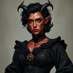 A tall, strong tiefling woman, exuding both grace and power with a sturdy build