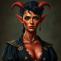 A tall, strong tiefling woman with a sturdy build, radiating grace and power