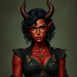 A tall, strong tiefling woman with a sturdy build, radiating grace and power