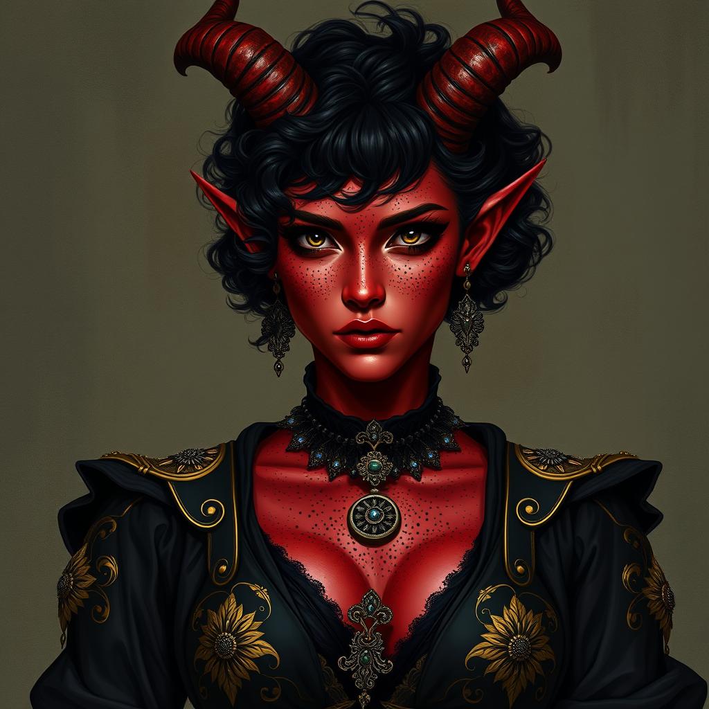 A tall, strong tiefling woman with a sturdy build, radiating grace and power