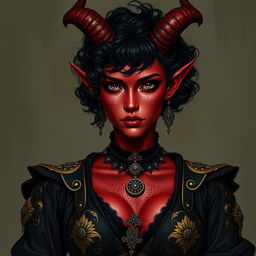 A tall, strong tiefling woman with a sturdy build, radiating grace and power