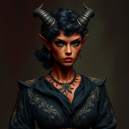 A tall, strong tiefling woman with a sturdy build, exuding both grace and power
