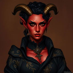 A tall, strong tiefling woman with a sturdy build, exuding both grace and power