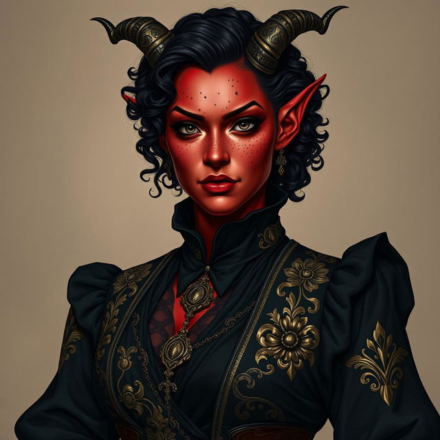 A tall, strong tiefling woman with a sturdy build, exuding both grace and power