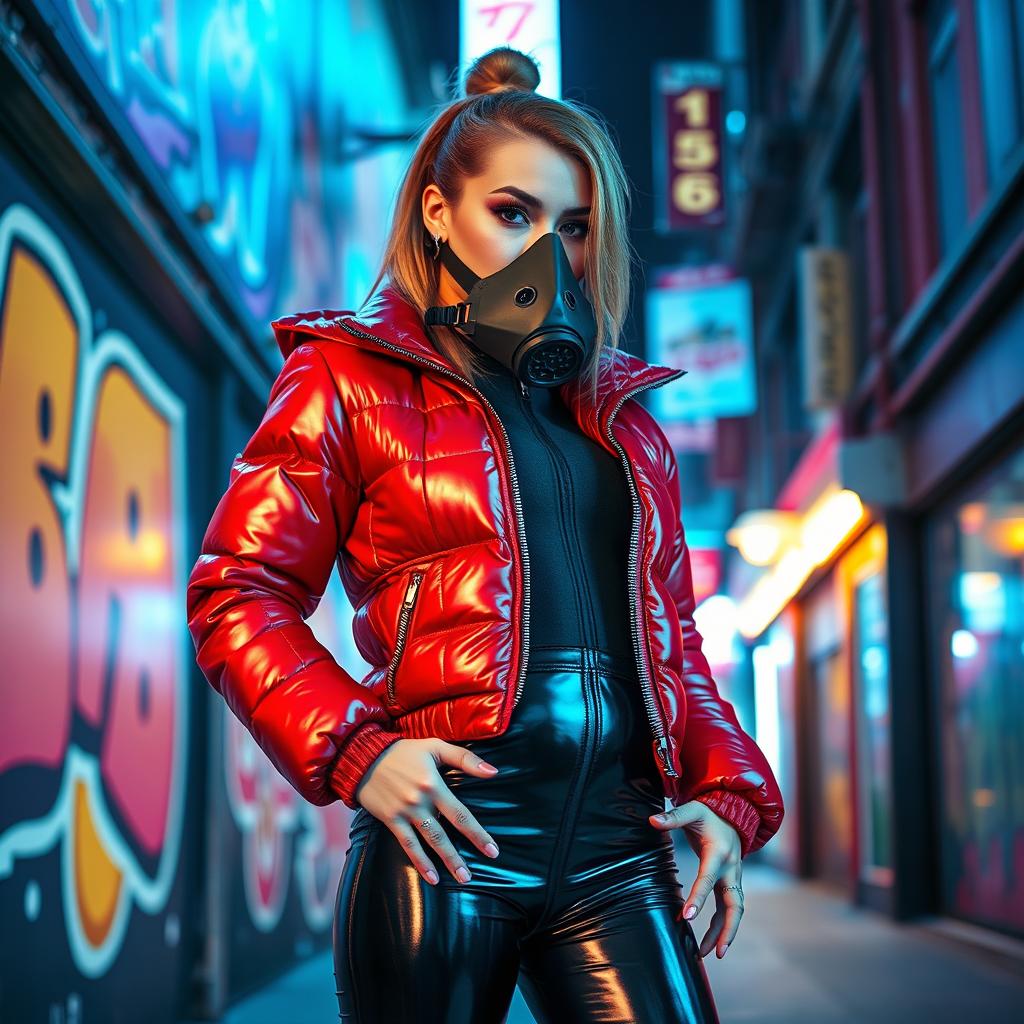 A hot slim girl with big boobs confidently posing in a shiny red tight puffer jacket that accentuates her curves